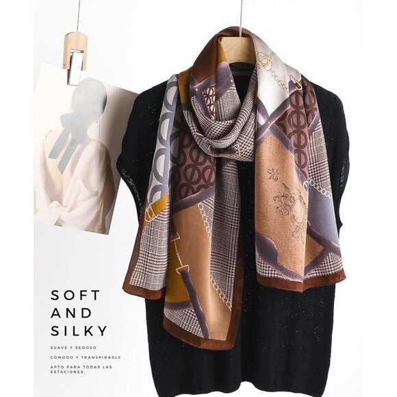 🆕 Women Brown Mulberry Silk Long Scarf Large Oblong Shawl Head Neck Hair Wrap - Picture 4 of 5